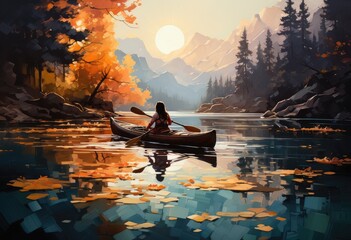 Amidst the tranquil lake, a woman gracefully glides in her canoe, surrounded by the breathtaking beauty of nature's painted sky and mirrored reflections of trees and mountains - obrazy, fototapety, plakaty