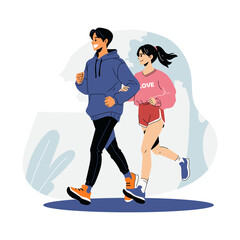 Couple Jogging Together, Flat Style Concept.