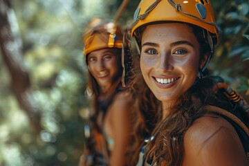 Romantic tandem zip-lining adventure through a forest canopy