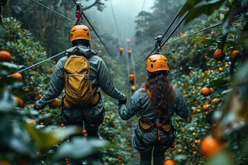 Romantic tandem zip-lining adventure through a forest canopy