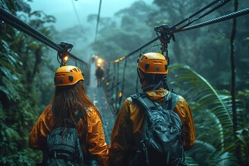 Romantic tandem zip-lining adventure through a lush rainforest