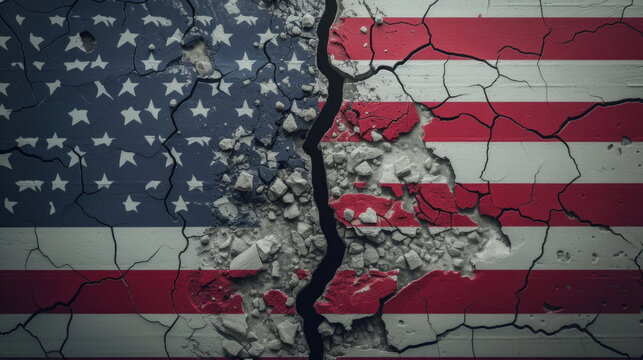 Cracked USA Flag on Rock, Divison Symbolism, Generative AI
