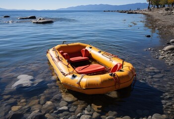 A sunny day on the lake, a yellow raft floats peacefully on the calm waters, providing a transport to a serene outdoor experience under the clear blue sky