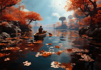 Immersed in the vibrant hues of autumn, a lone man drifts along the peaceful river, surrounded by fiery orange leaves and a serene reflection of the golden sky above