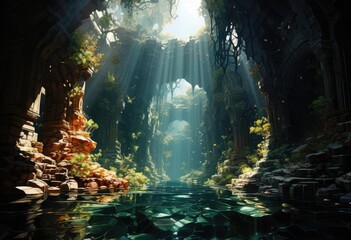 A hidden oasis within the depths of the earth, where tranquil waters reflect the warm rays of sunlight and the raw beauty of nature envelops you in its embrace