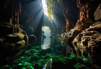 Amidst the rugged walls and serene waters, a hidden underground lake in a nature's embrace awaits to be explored within the depths of the cave - obrazy, fototapety, plakaty