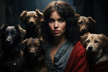 A portrait of a woman surrounded by a diverse pack of furry companions, showcasing her love for all dog breeds and the bond between human and pet