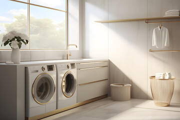 Laundry room with sleek minimalist cabinet - obrazy, fototapety, plakaty