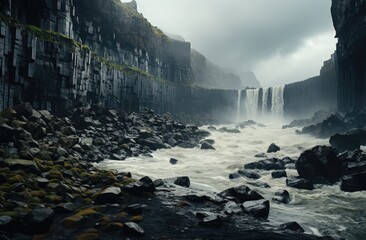A majestic waterfall cascades down a rugged cliff, surrounded by mist and nestled within a breathtaking mountain landscape, showcasing the beauty and power of nature's water resources