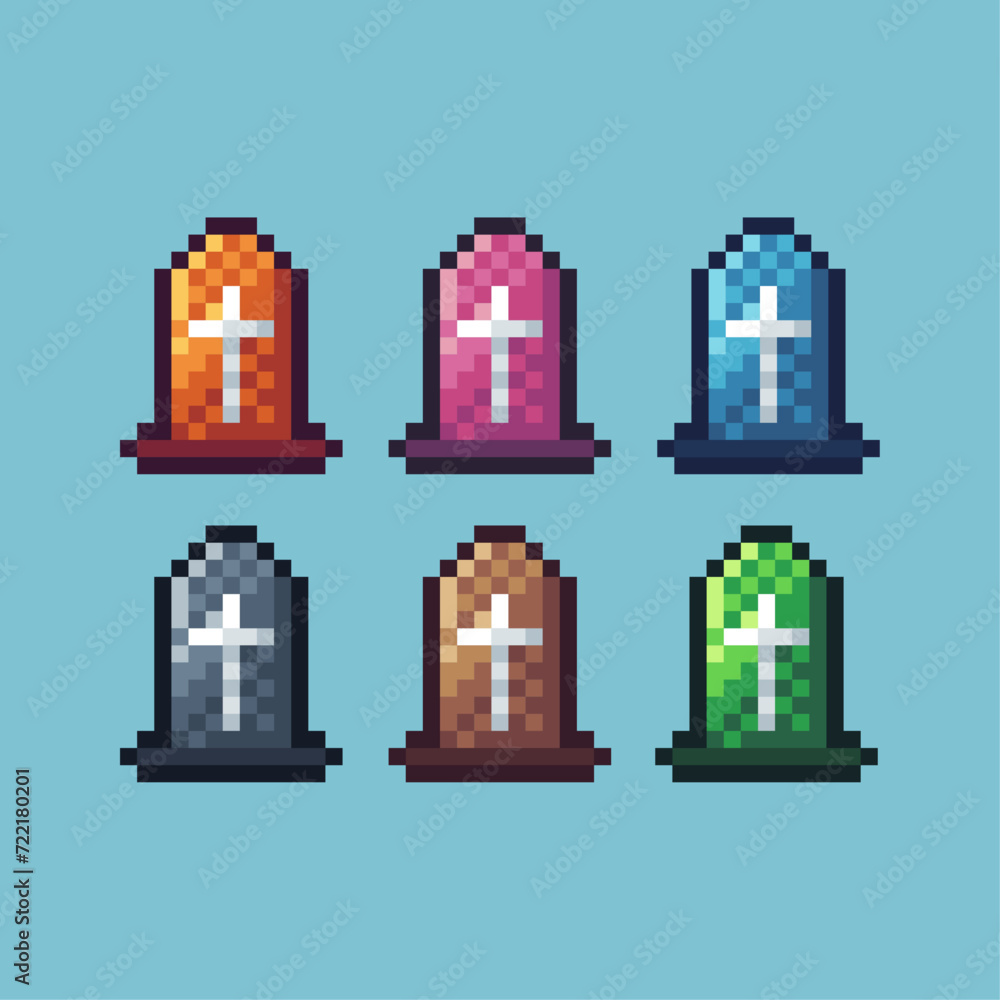 Poster pixel art sets icon of grave variation color. grave stone icon on pixelated style. 8bits perfect for