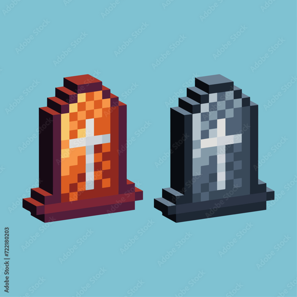 Poster isometric pixel art 3d of grave stone icon for items asset.grave icon on pixelated style.8bits perfe