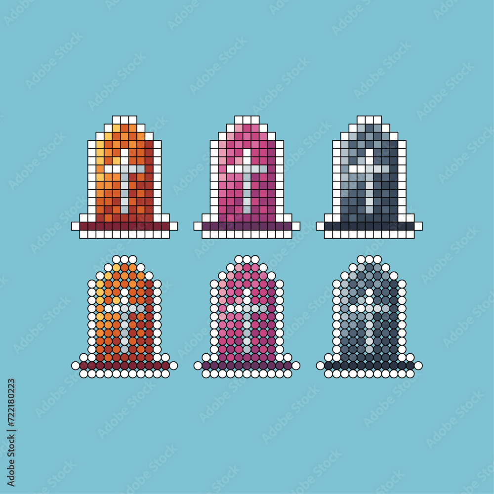 Poster pixel art stroke sets icon of grave variation color. grave stone icon on pixelated style. 8bits perf