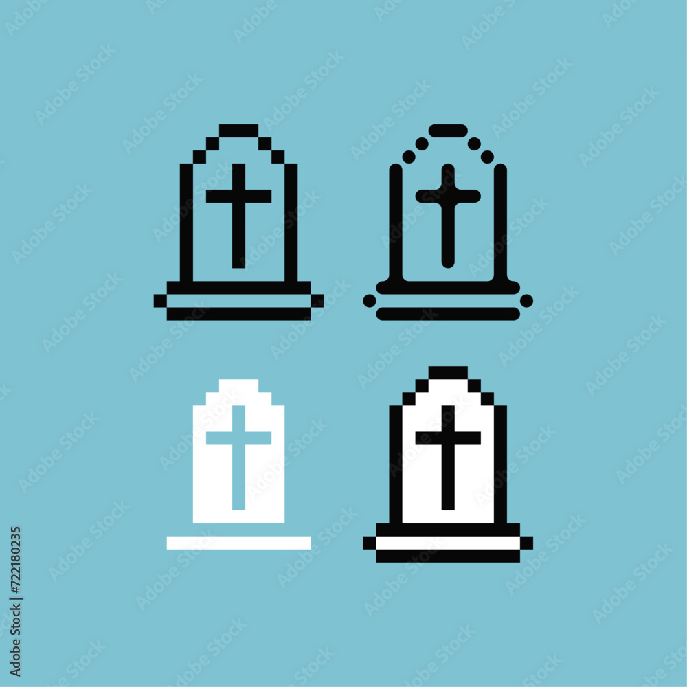 Poster pixel art outline sets icon of grave variation color. grave stone icon on pixelated style. 8bits per