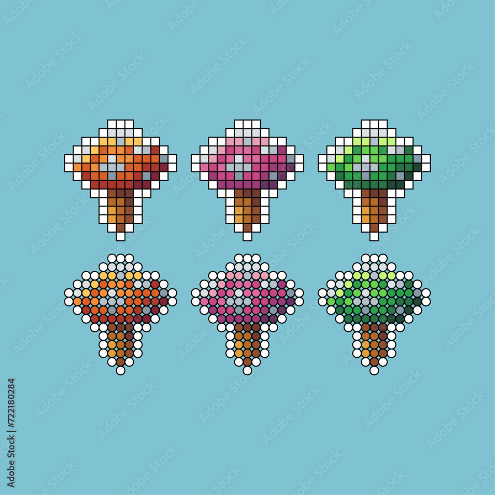 Poster pixel art stroke sets icon of mushroom variation color.mushroom icon on pixelated style. 8bits perfe
