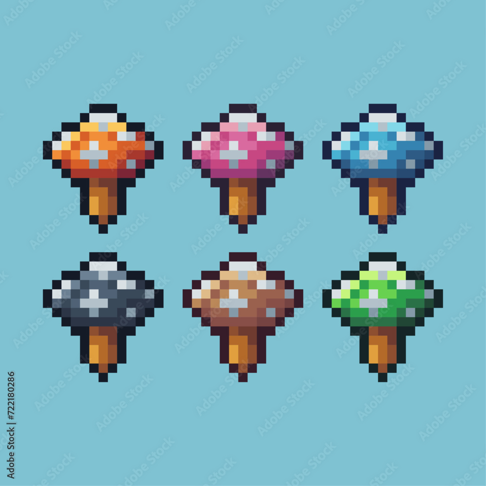 Poster Pixel art sets icon of mushroom variation color.mushroom icon on pixelated style. 8bits perfect for game asset or design asset element for your game design. Simple pixel art icon asset.
