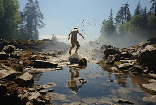 A Daring Hiker Leaps Over A Crystal Clear Stream, The Vibrant Blue Sky And Lush Trees Framing His Mid-air Silhouette Against The Rugged Rocks And Natural Beauty Of The Great Outdoors