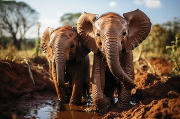 Two majestic elephants find respite from the hot sun in a muddy oasis, their powerful bodies standing tall against the vast open sky as they graze on plants and cool off in the water
