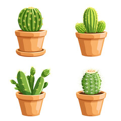 Set of cactuses illustration in pots isolated on transparent background