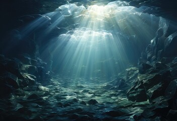 Exploring the hidden depths, the vibrant sun pierces through the intricate rock formations, illuminating the tranquil underwater world