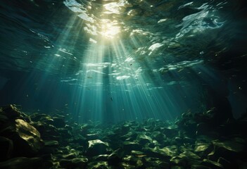 The ethereal glow of the sun permeates through the crystal-clear water, illuminating the vibrant colors of the reef in this captivating underwater world