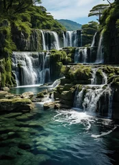 Fotobehang A cascading waterfall surrounded by lush greenery creates a serene and picturesque outdoor oasis in the midst of a natural landscape © LifeMedia