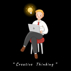 A Man character design with creative idea, hand drawn cartoon illustration, vector for business, idea light bulb, clip art, isolated on black background.
