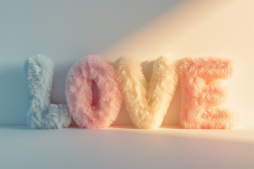 Word love made of fur on a light background. 3d rendering