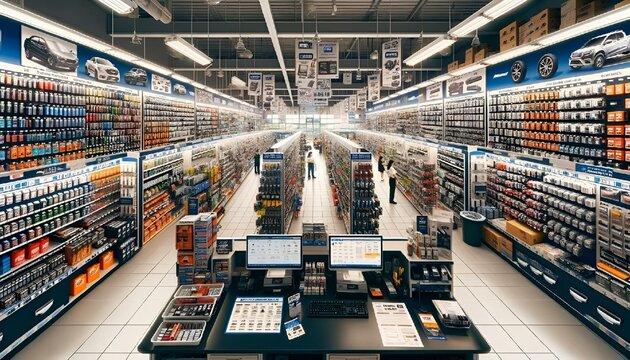 AI-generated illustration of a large auto parts store with rows of products on the shelves