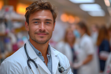 Obraz premium Portrait of a handsome doctor, interior of a medical clinic in the background