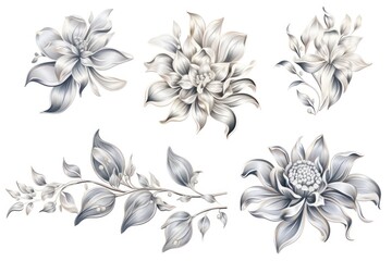 Pewter several pattern flower, sketch, illust, abstract watercolor, flat design, white background