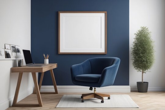 White home office, dark blue armchair, with blank frame poster
