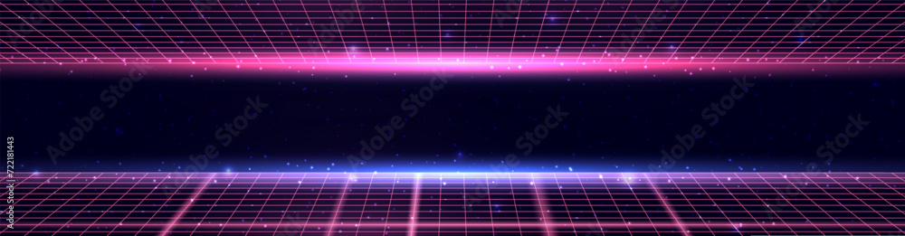 Poster wireframe perspective grid. space neon infinity mesh, abstract retro universe futuristic background.