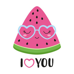 cute cartoon watermelon in sunglasses and lettering with heart, vector illustration for valentine card, textile print, paper, flier, sticker