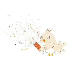 Bird with a festive firecracker. Cute holiday cartoon character in simple children's hand drawn style. Vector isolate in pastel vintage palette on white background