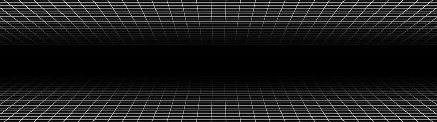 Wireframe perspective grid. White infinity mesh on black background, Abstract retro style. Vector illustration. - obrazy, fototapety, plakaty