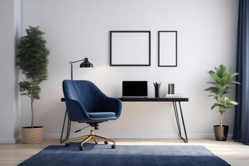 White home office, dark blue armchair, with blank frame poster