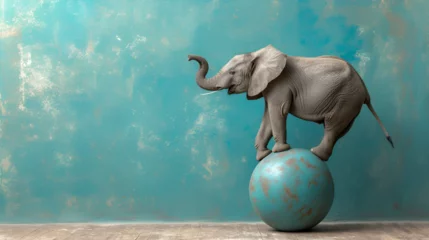 Foto op Aluminium African elephant Loxodonta africana balancing on a blue ball, copy space, generative ai © Chaman