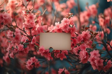 Slow-motion footage of a blank card gently falling onto a bed of blooming pink flowers