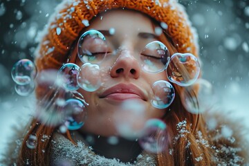 Slow-motion footage of a person blowing bubbles in the shape of hearts on a snowy day