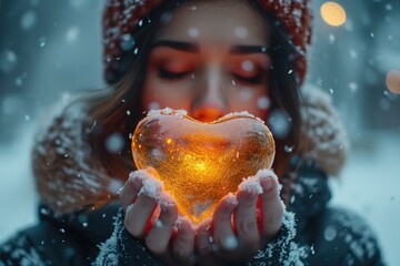 Slow-motion footage of a person blowing bubbles in the shape of hearts on a snowy day