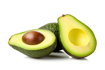 avocado ripe, Isolated fresh green avocado with leaf, cut into a healthy and ripe half, showcasing its nutritious and organic qualities on a white background, with clipping path