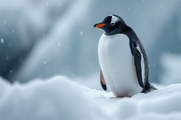 Fototapeta premium portrait of penguin on snow mountain. Generated AI