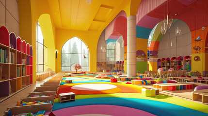 A Vibrant Synagogue Playroom: Animated Children Engage in Joyful Playful Activities Inspired by Jewish Traditions, Creating a Lively Atmosphere Filled with Learning and Celebration
