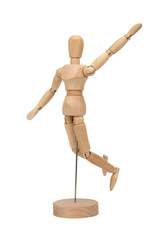 Wooden figure of a man isolated on white background. Wooden mannequin posing.
