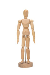 Wooden figure of a man isolated on white background. Wooden mannequin posing.
