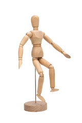 Wooden figure of a man isolated on white background. Wooden mannequin posing.