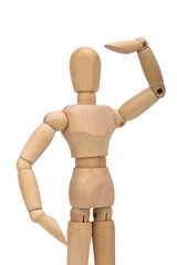 Wooden figure of a man isolated on white background. Wooden mannequin posing.