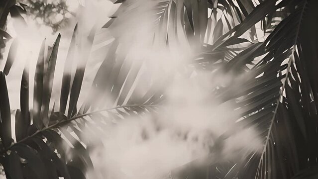 Tropical leaves monochrome effect. Background with dark tropical leaves, fresh flat background. Flat lay. Jungle nature concept moving in the wind artistic copy space