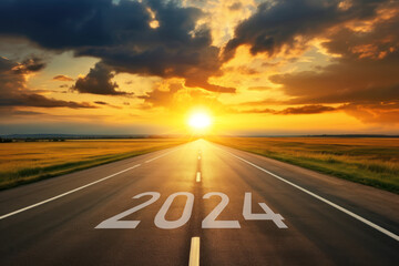 New year 2024, Text 2024 written on the road, Concept of planning, goal, challenge, for vision new year. Empty asphalt road and beautiful sunrise sky background.