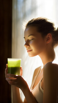 Mulher bebendo uma vitamina verde